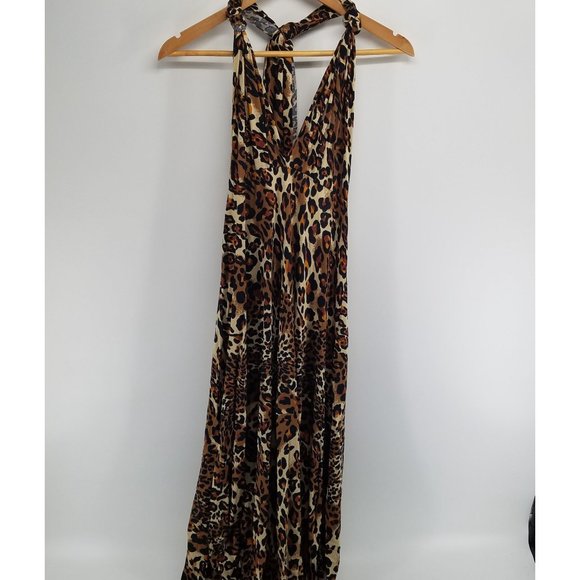 Leopard print stretch raw hem extra long ties dress - Picture 1 of 3